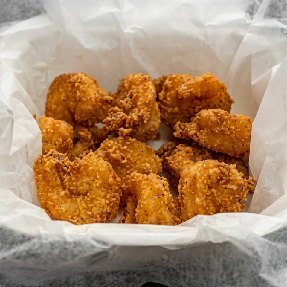 Basket of golden, crispy fried chicken pieces lined with white paper on a dark tabletop.