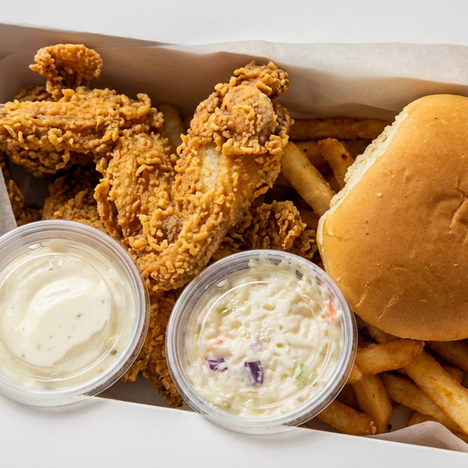 Open takeout box with crispy fried chicken, fries, a bun, creamy dipping sauce, and coleslaw.
