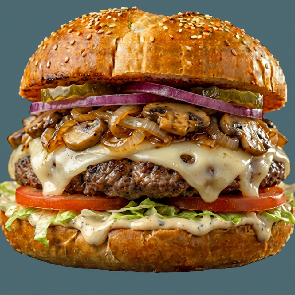 Gourmet cheeseburger with sesame bun, beef patty, melted cheese, sautéed mushrooms, onions, pickles, lettuce, tomato, and sauce.