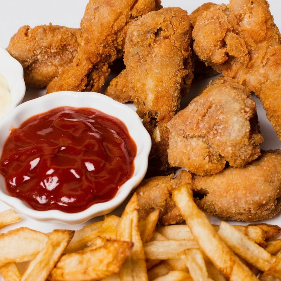 Crispy fried seafood pieces served with french fries, ketchup, and creamy dipping sauce on a white plate.