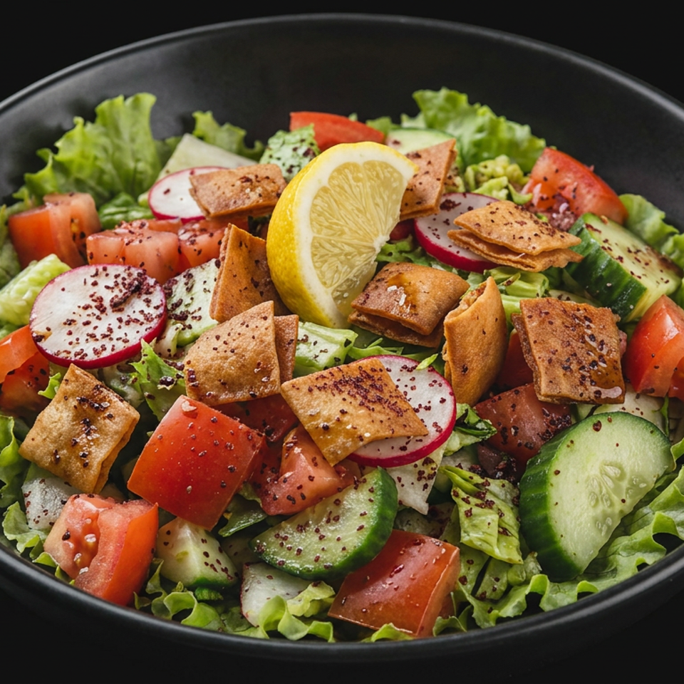 Fresh chopped salad with lettuce, tomatoes, cucumbers, radishes, toasted pita chips, spices, and a lemon wedge in a black bowl.