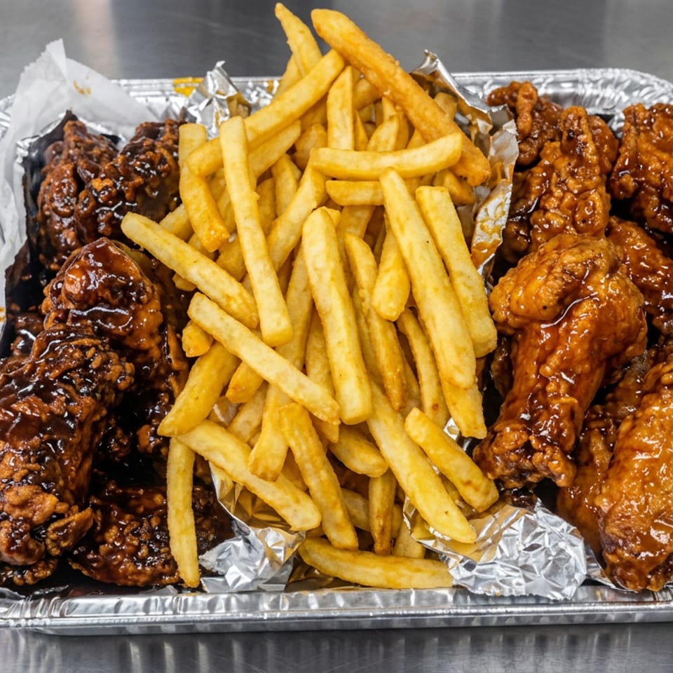 Aluminum tray piled with glazed fried chicken wings and golden French fries on a stainless-steel counter.