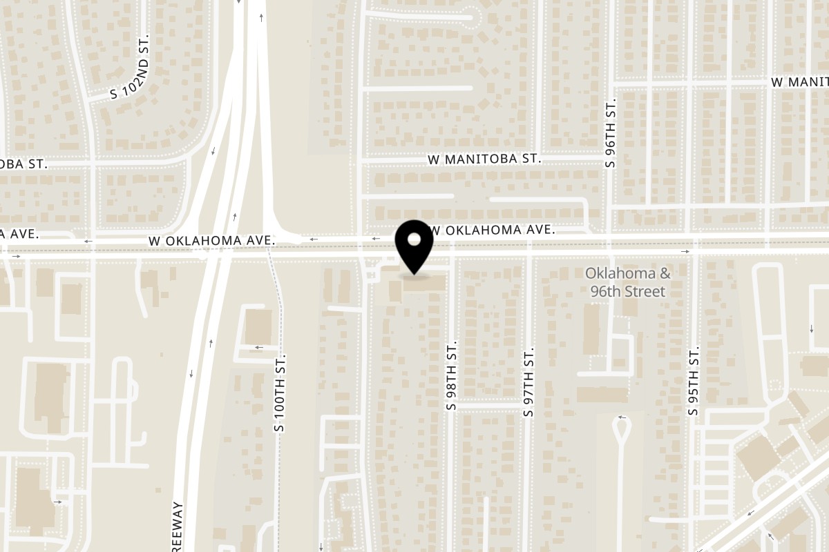 Map showing the location of Crispy City on 9811 W Oklahoma Ave in Milwaukee